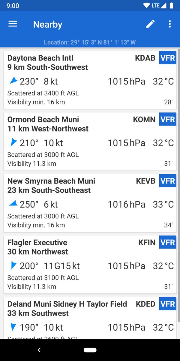 List of nearby airports reporting weather